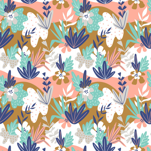 树叶图形无缝图案。矢量花纹理与手绘抽象的花和叶。背景与彩色涂鸦花卉元素。图片下载