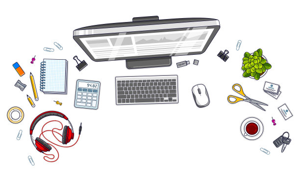 办公室办公桌工作空间顶视图与PC电脑和各种文具物品的工作隔离，俯视的外观。所有的元素都很容易单独使用或重新组成插图。向量。图片下载