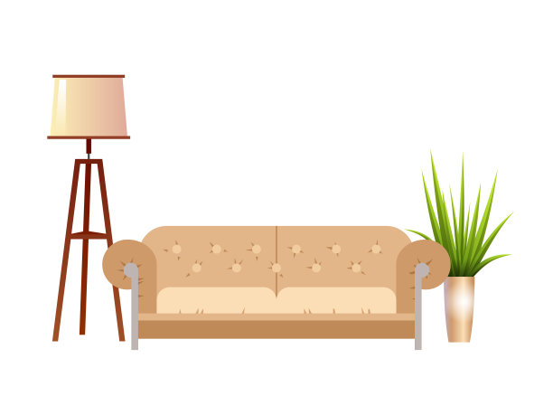 现实的红色沙发与落地灯和花盆室内矢量插图图片下载