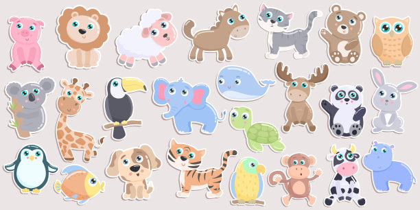 可爱的动物贴纸套装。图片下载