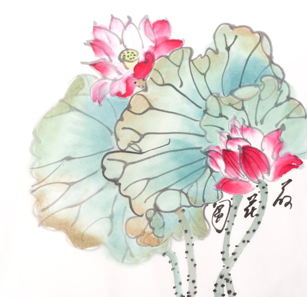 荷花手绘水墨，中国水彩画图片下载