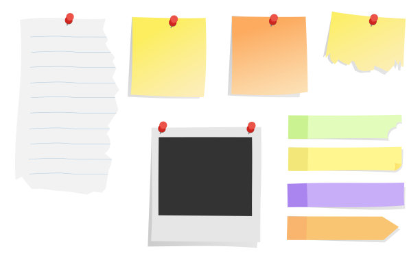 收集不同颜色的纸贴纸。模板的文本，备忘录笔记图标详细照片现实的矢量插图设置，抄写页用作贴纸在大头针上图片下载