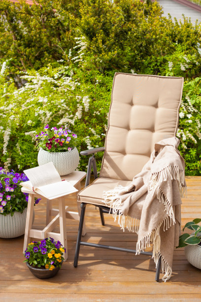 露台上的花园椅子和三色堇花图片下载