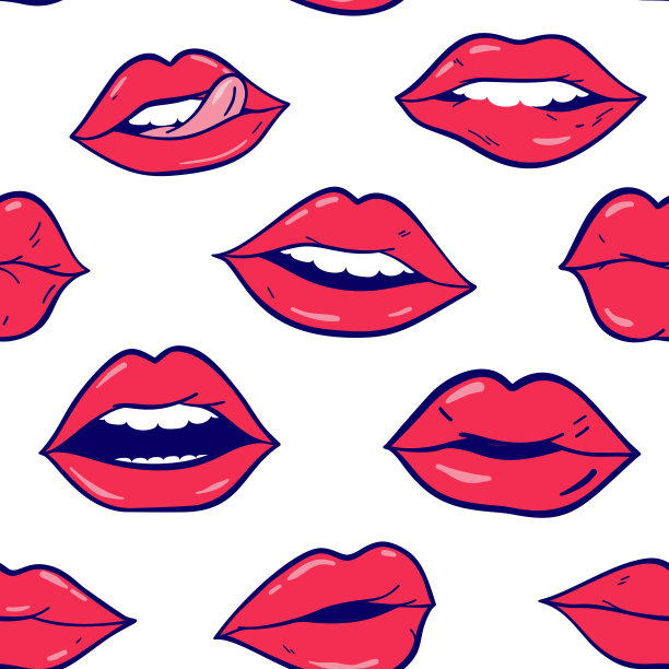 美妆、化妆、时尚无缝图案。矢量粉色涂鸦唇补丁流行艺术80 -90年代风格。女人的性感情感嘴。图片下载