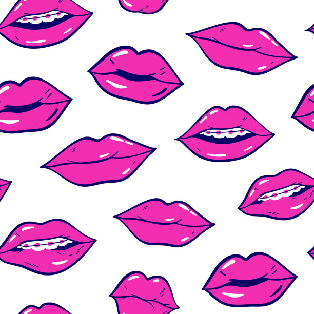 美妆、化妆、时尚无缝图案。矢量粉色涂鸦唇补丁流行艺术80 -90年代风格。女人的性感情感嘴。图片下载