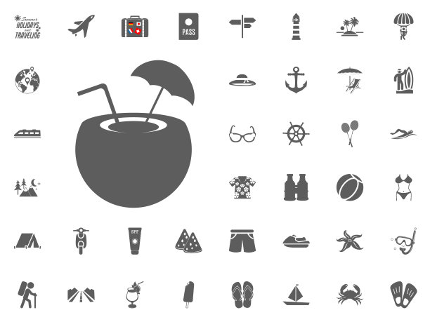 椰子鸡尾酒图标。暑假和旅游矢量图标集。图片下载