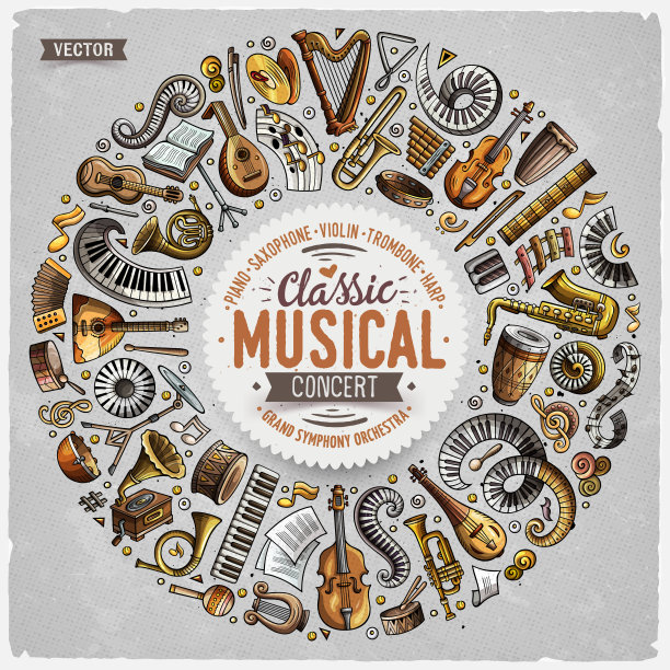 一套矢量卡通涂鸦古典乐器和物体收集在一个圆圈边界素材图片