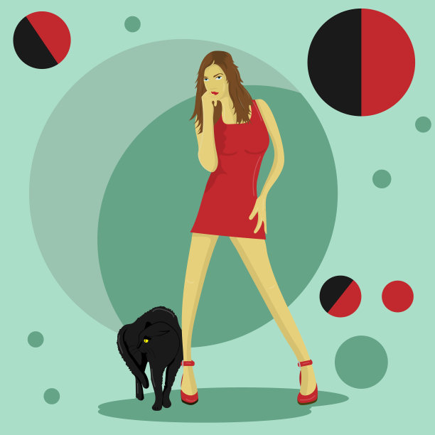 一个穿着红色裙子的女孩，一只愤怒的黑猫在她的脚边图片下载