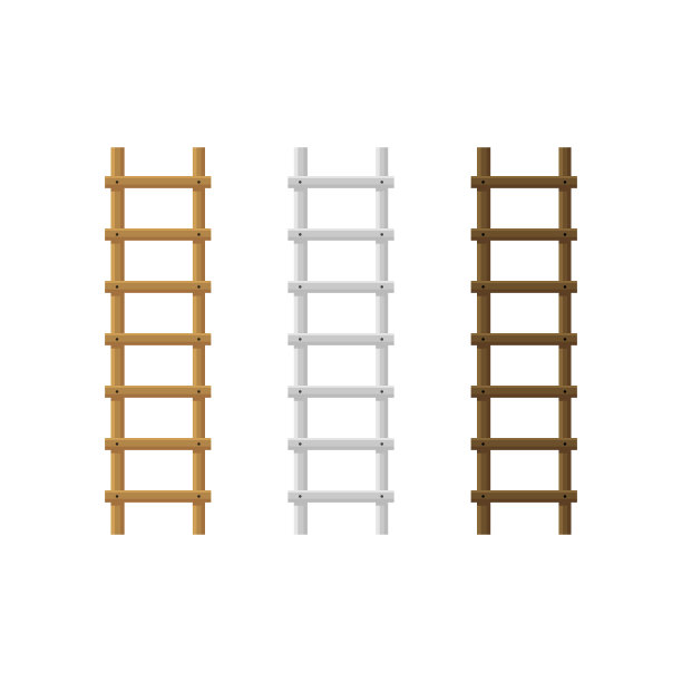 逼真的详细3d木楼梯梯子不同的颜色设置。向量图片下载