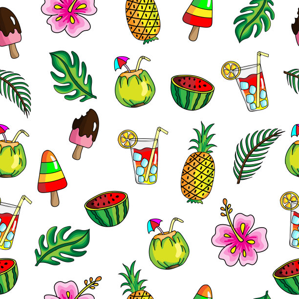 矢量和插图无缝模式手绘卡通夏季概念与热带水果，树叶，冰淇淋，冰棍，椰子和夏季饮料图片下载