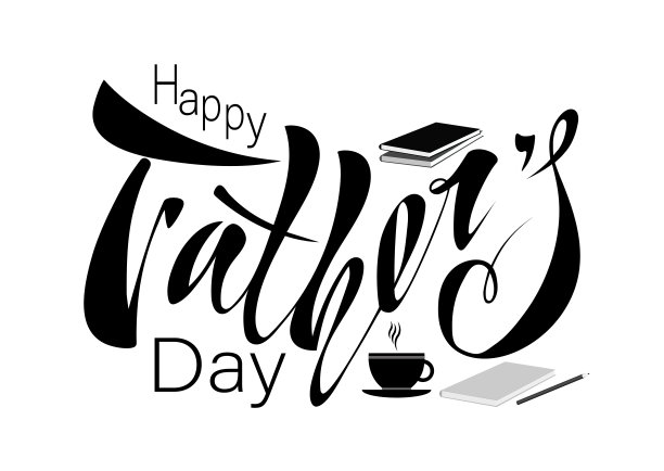 父亲节快乐手写祝福语矢量素材，含书籍、铅笔、帽子、胡须等元素图片下载