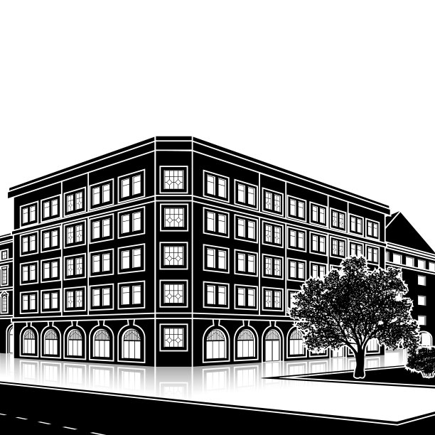 剪影办公大楼与入口和反射图片下载