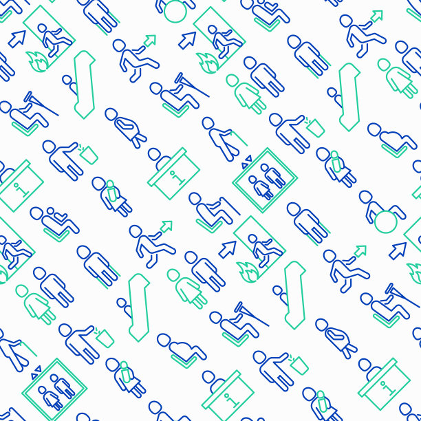 公共标志用细线图标无缝图案:信息站、消防或紧急出口、使用垃圾桶、孕妇座椅、残疾人座椅、老人座椅、孕妇座椅。矢量插图。图片下载