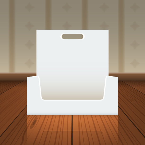 空纸板或带孔参观卡展示盒，在木地板上挂有正面视点的模型。向量现实的画。图片下载