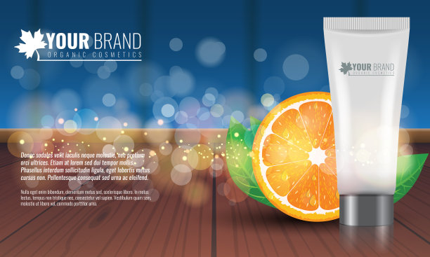 美丽的保湿面霜矢量插图与柑橘类水果，绿叶和水滴上。化妆广告的泡沫背景。图片下载