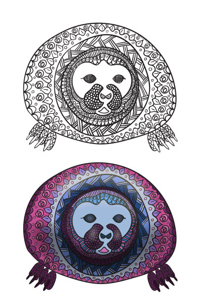 手绘着色页与印章，插图为成人抗压力着色书与高细节孤立在白色背景。图片下载