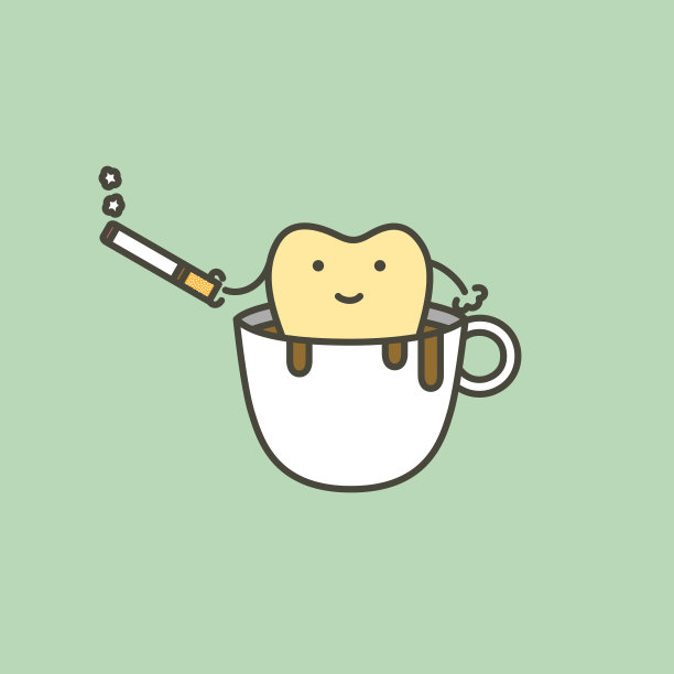 牙齿在咖啡杯与香烟，牙斑和黄色的牙齿概念-卡通牙科矢量平面风格图片下载