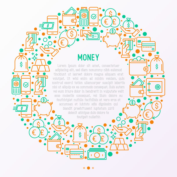 货币概念在圆圈与细线图标:现金，信用卡，pos终端，储蓄罐，钱包，手与硬币，袋黄金。现代矢量插图横幅，印刷媒体，网页。图片下载