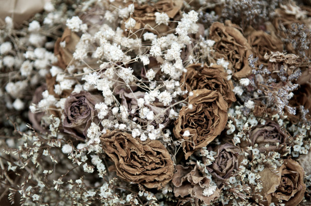 特写干花市场上用于装饰的死玫瑰。花束。过去的情人节。悲伤和孤独。的过滤器。前视图。图片下载