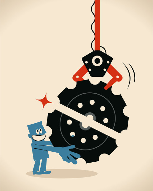 微笑商人与人工智能机器人合作完成齿轮拼图(团队合作)图片下载