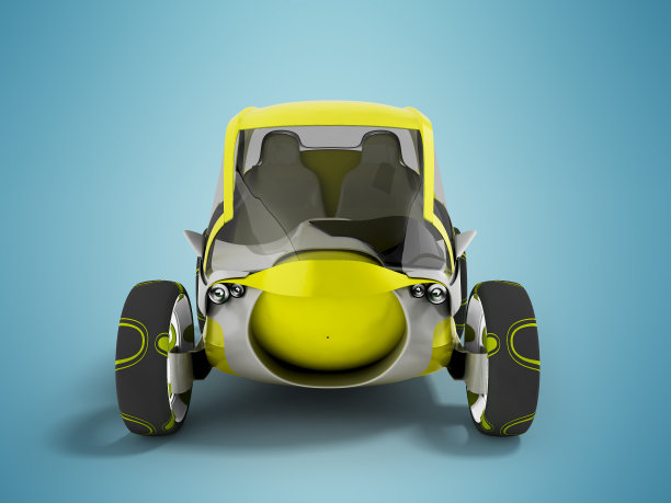 在人行道上行驶的现代电动汽车黄色与灰色的插图在前面的蓝色背景与阴影3d渲染图片下载