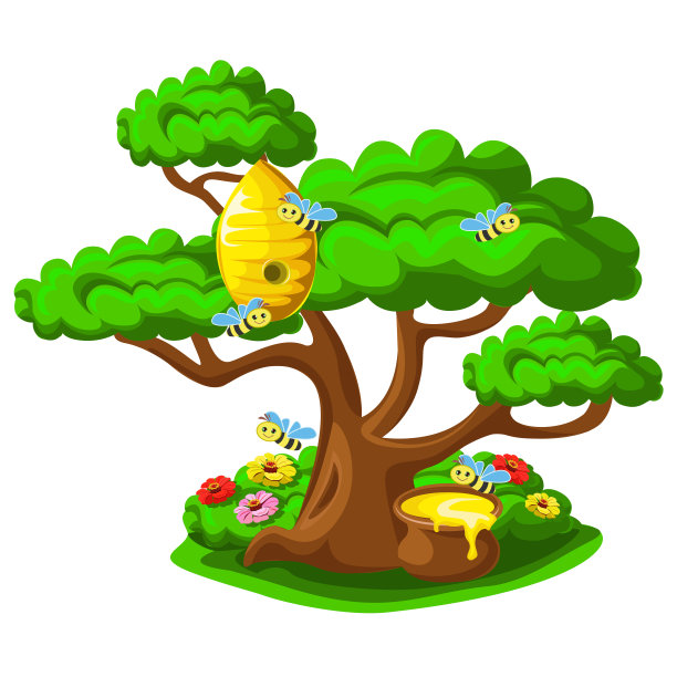 树上有一个蜂巢，里面有快乐的蜜蜂图片下载