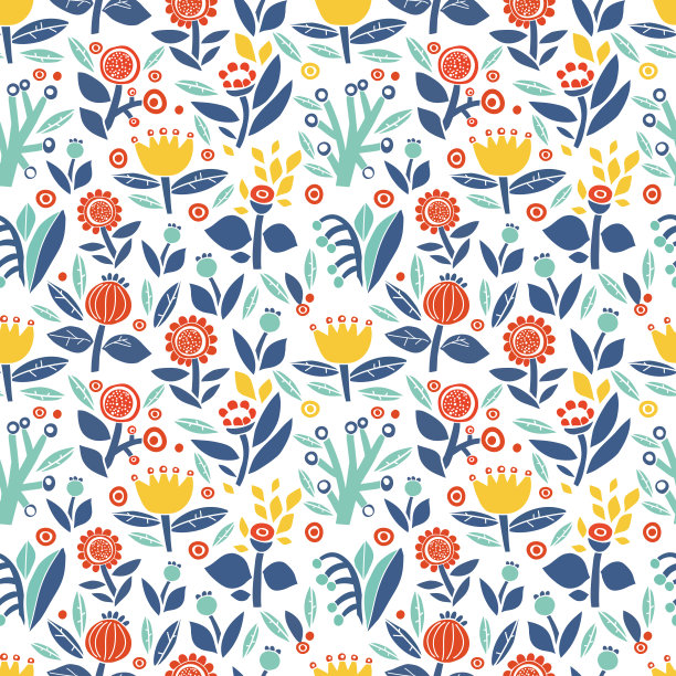 图案与花草坪在白色的背景，与许多明亮的程式化的花图片下载