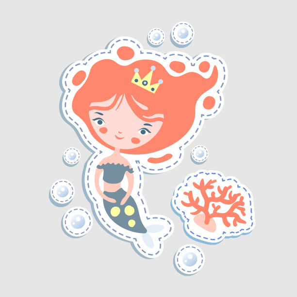 可爱的小美人鱼-矢量卡通插图。仙女美人鱼公主与水下元素-珊瑚和瓶子。贴纸可爱的美人鱼角色图片下载