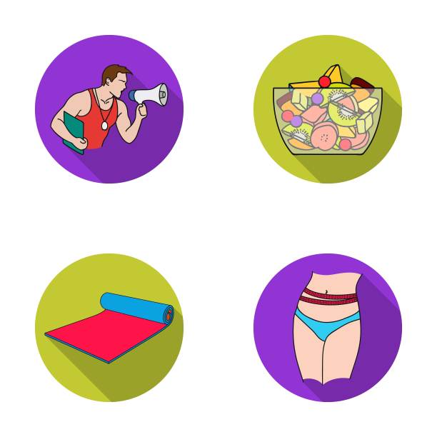 私人教练，水果沙拉，垫子，女性腰部。Fitnes设置集合图标在平面风格矢量符号股票插图web。图片下载