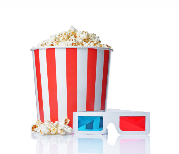 一大桶开胃的咸味爆米花，戴着3d立体浮雕眼镜图片下载