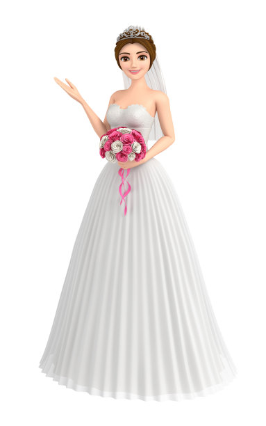 3D插图角色-漂亮的新娘谁有一束花图片下载