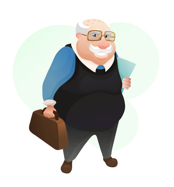 微笑的老人，皮包和文件图片下载