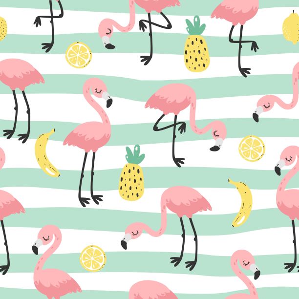 可爱的手绘无缝图案与粉红色火烈鸟。矢量插图。素材图片