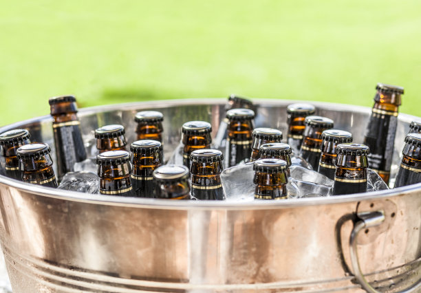 冰桶上的啤酒瓶，绿草背景图片下载