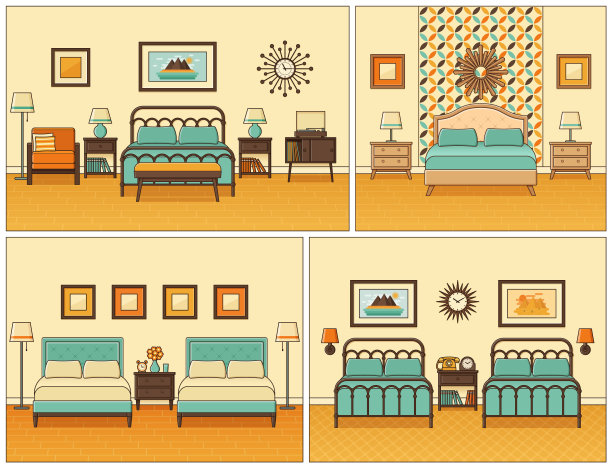 卧室内。酒店房间的复古设计。矢量插图。素材图片