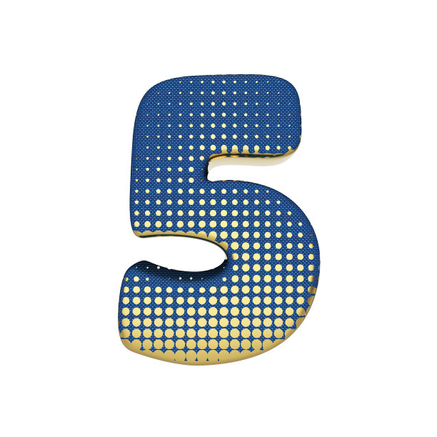 字母数字5。金色半色调字体制成的蓝色牛仔纹理。3D渲染孤立的白色背景。图片下载