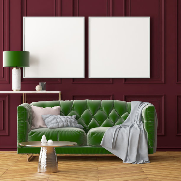 客厅的内部有一个沙发。趋势的颜色。3 d图片下载