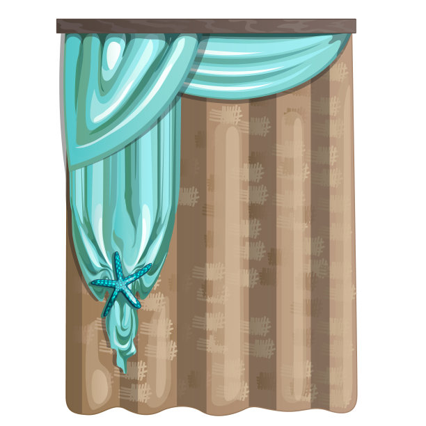 粗麻布和绿松石色织物制成的窗帘，以海星的形式装饰。室内孤立在白色背景上的想法。矢量图图片下载
