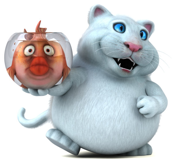 猫和鱼- 3D插图图片下载