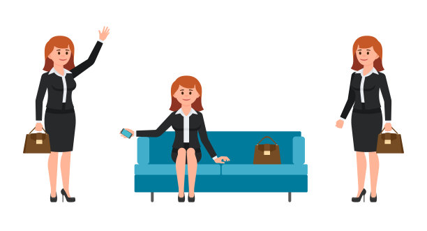 一个穿着黑色西装的女人坐在沙发上，手里拿着手机。女人，手拿包，面带微笑。矢量插图的卡通人物年轻的女商人图片下载