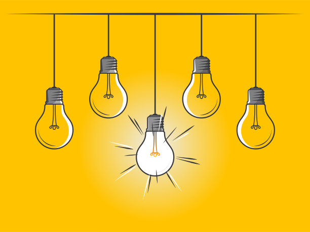 一组悬挂的灯泡，其中一个在黄色背景上发光。创新的象征。灯泡的迹象。创业设计元素，技术，科学。发明、学习、想象力和创造力的图标概念。图片下载