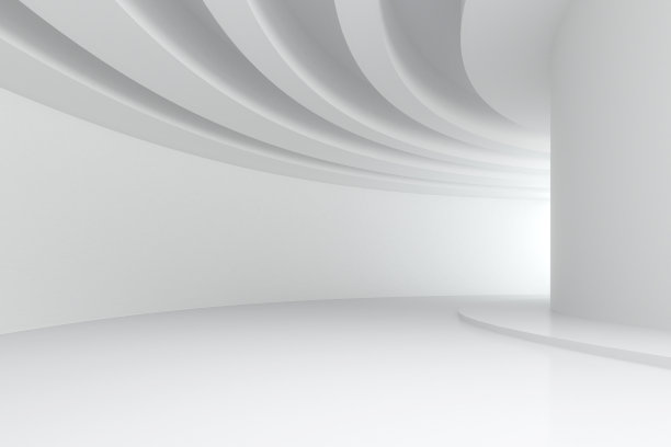 3 d演示。白色抽象立体构图。长曲线走廊与圆形梁在天花板上透视。建筑背景,渲染。图片下载