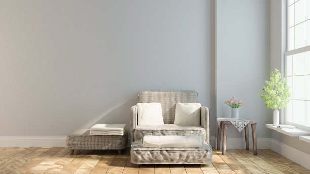 空客厅白色墙壁和沙发，最小的乡村，3D渲染图片下载