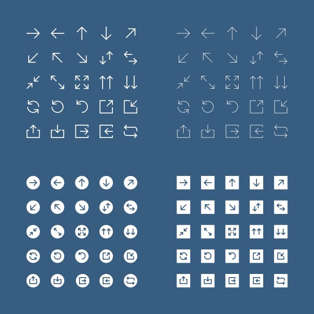 一套简单，轮廓，无缝，填充白色箭头移动用户界面和网页设计的蓝色背景图片下载