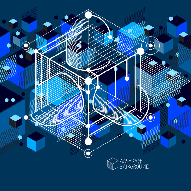 向量现代抽象立方格子线蓝黑背景。立方体，六边形，正方形，矩形和不同的抽象元素的布局。摘要技术3D背景。图片下载