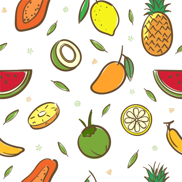 混合热带水果无缝模式背景矢量格式手绘卡通风格图片下载