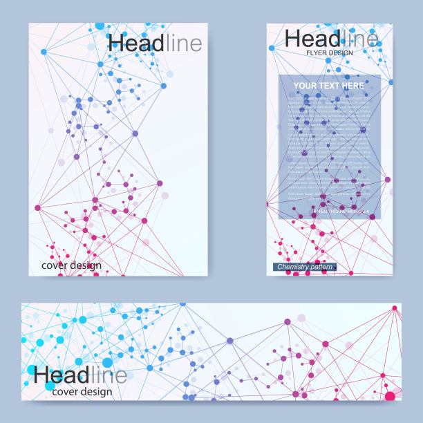 设置传单，宣传册大小A4模板，横幅。分子结构，有连接的线和点。科学图案原子DNA与元素为杂志，传单，封面，海报设计图片下载