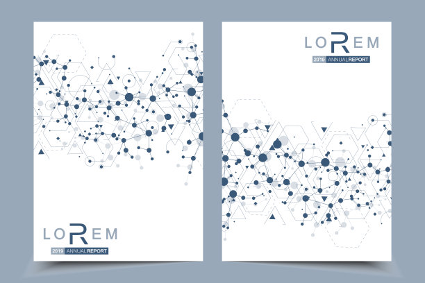 科学的宣传册设计模板。矢量传单布局，分子结构与连接线和点。科学图案原子DNA与元素为杂志，传单，封面，海报设计图片下载