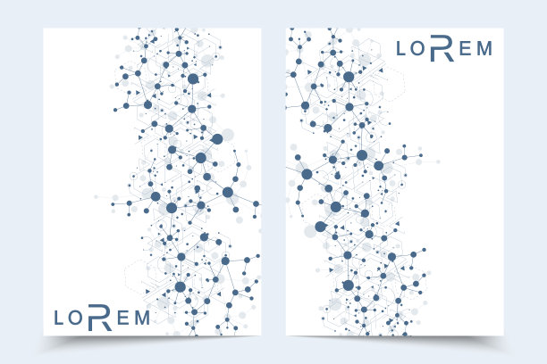 科学的宣传册设计模板。矢量传单布局，分子结构与连接线和点。科学图案原子DNA与元素为杂志，传单，封面，海报设计图片下载