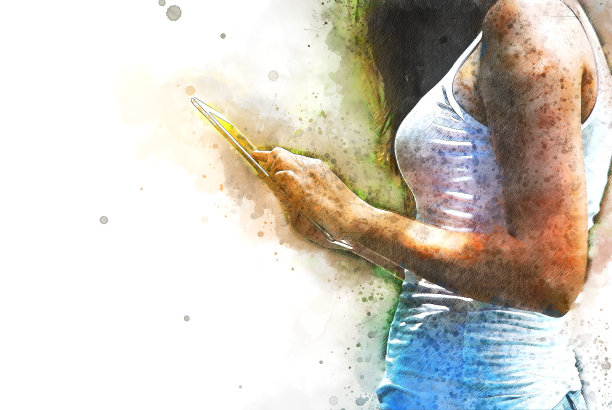 美丽的女人在公园玩智能手机在水彩画的背景。图片下载